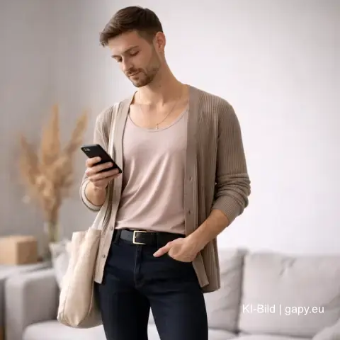 KI-Illustration, Mann Frauenkleidung Wohnung