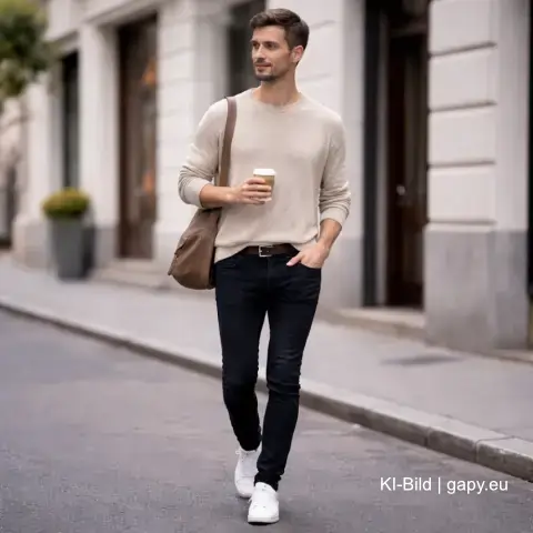 KI-Illustration, Mann Frauenkleidung unauffällig Strasse